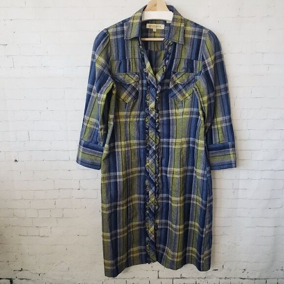 Stetson Dresses & Skirts - Stetson Western Flannel Dress Size M Green Blue Plaid Long Sleeve Rodeo Festival